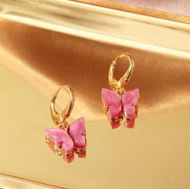 Butterfly Drop Earrings - Pink