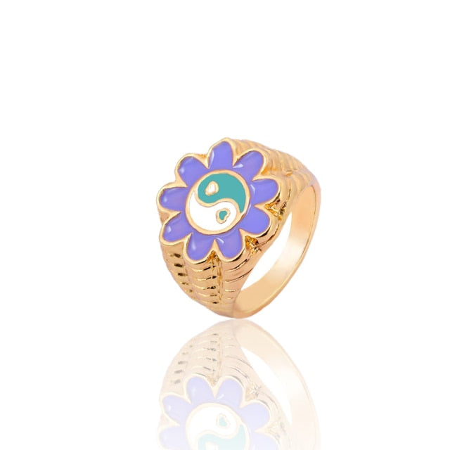 Flower Yin Yang Ring - Purple/Aqua